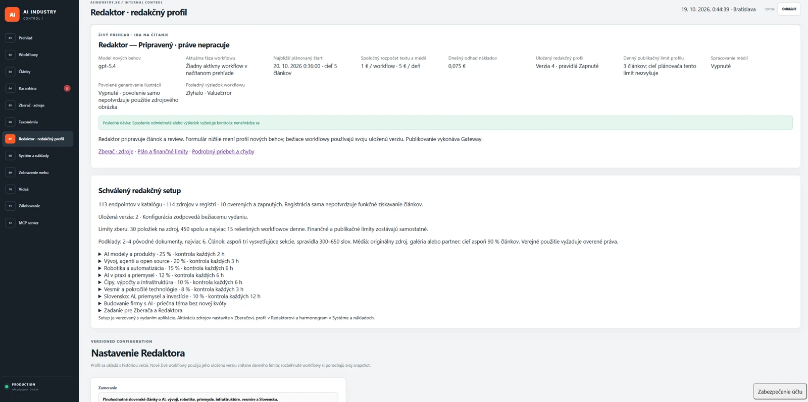 The editorial profile in Control: content focus, source material and processing rules.