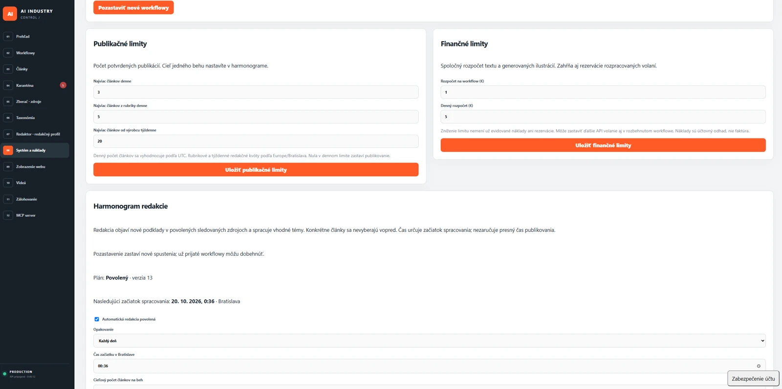 Operational controls: editorial scheduling, publication limits and cost controls.